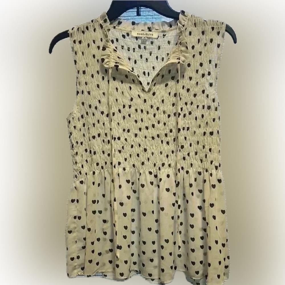 Rose & Olive Sheer Cream Heart Print Babydoll Top - Women's Small - Picture 2 of 8